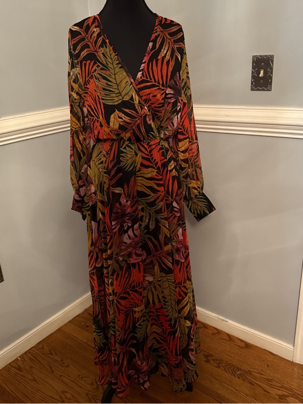 Tropical Print Black Wrap-Front Maxi Dress - Long Sleeve